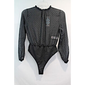 Boohoo Bodysuit Sheer Texture Dots Womens size 4 Black Ruffle Neck Long Sleeves
